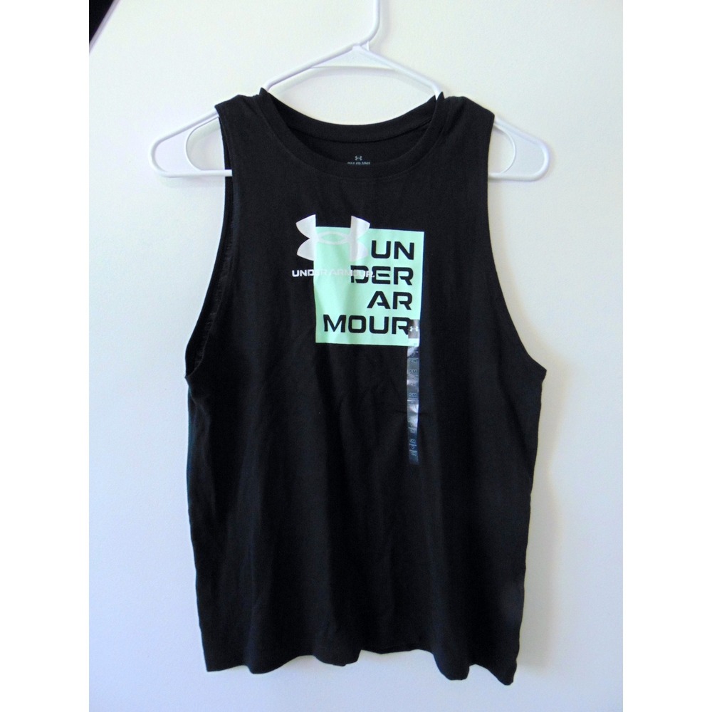 Under Armour Womens Stacked Box Muscle Tank Top Black Mint Green 1374187 Small